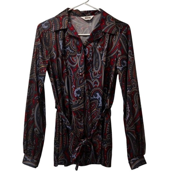 Vintage Montgomery Ward Blouse Paisley Designer Size Measured Belted Collar City - Picture 1 of 10